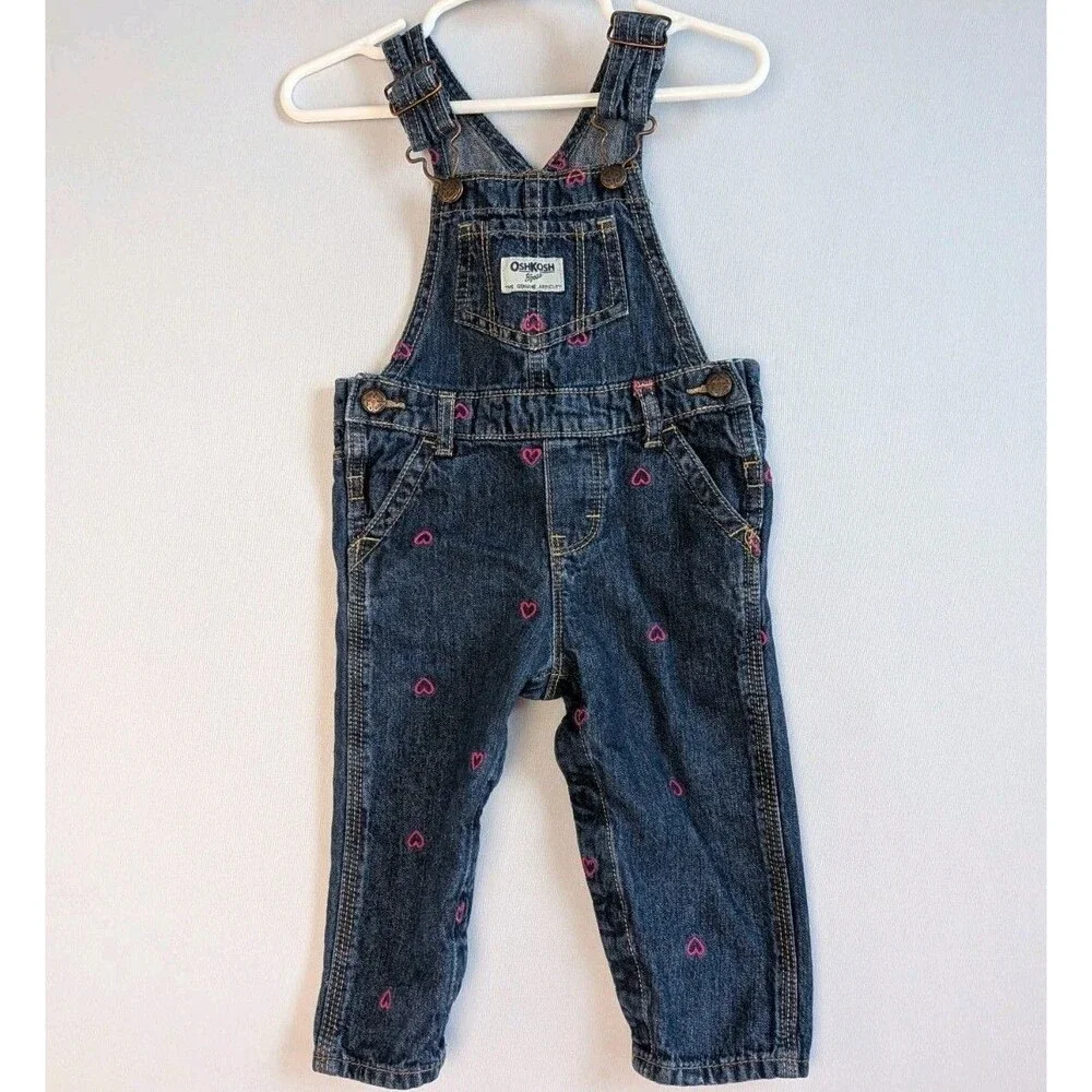 OshKosh B'gosh Overall Bibs Pink Hearts Denim 12 Months Blue Baby Toddler Girl